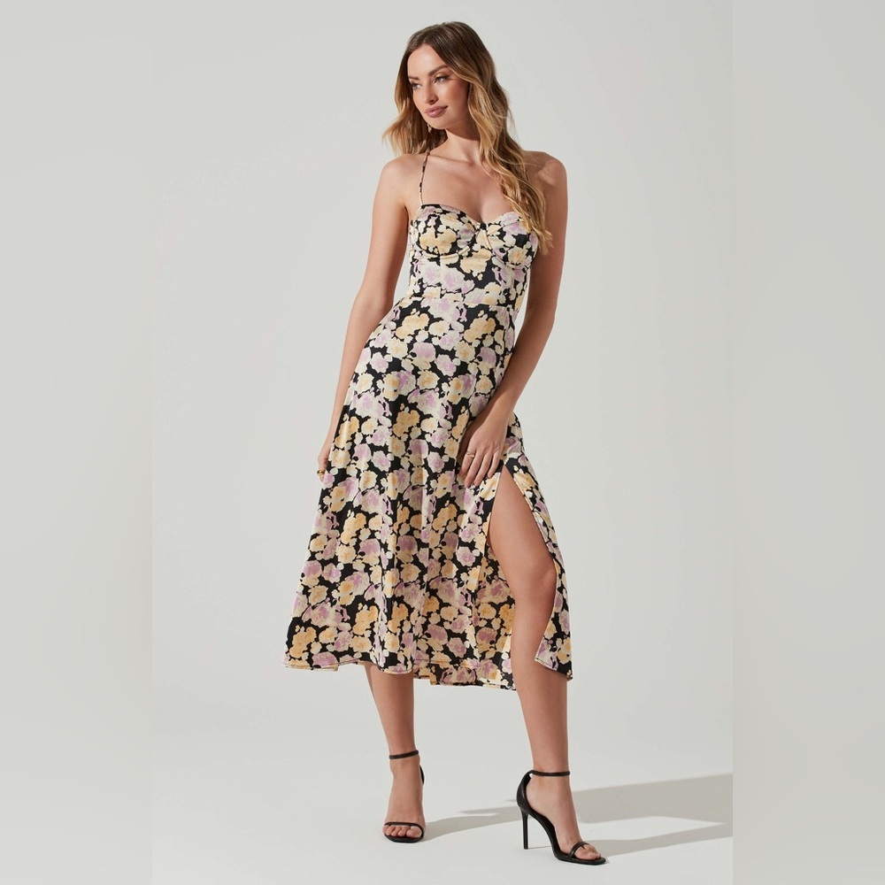 Astr Floral Midi Dress in Black, Pink, Yellow